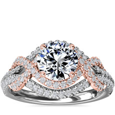 Anillo de compromiso de diamantes con doble halo entrelazado de dos tonos en oro blanco y rosado de 14k (1/2 qt. total)